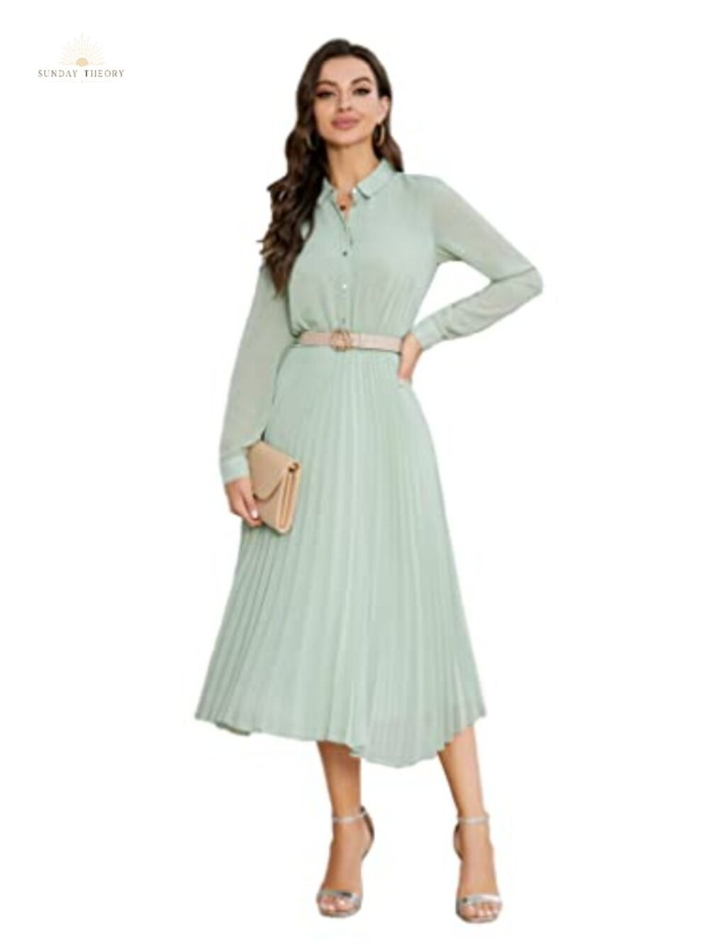 Women's Business Casual Midi Shirt Dress with Belt Faux Leather